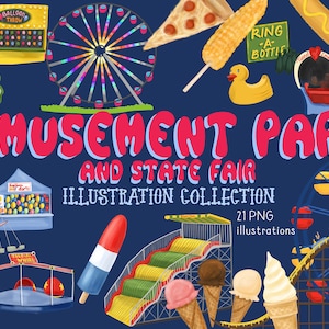 Amusement Park and State Fair Illustration Collection, Clip Art, Digital Download, Graphics, Fair Food, Games, Ferris Wheel, Cotton Candy