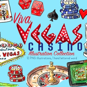 Viva Vegas Casino Illustration Collection, Clip Art, Digital Download, Graphics, Las Vegas, gambling, games, cards, dice