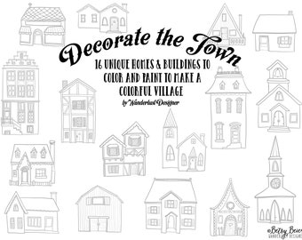 Decorate the Town: 16 Homes and Buildings to Color or Paint to Make a Village - Coloring Page, Christmas Village, Art Activity