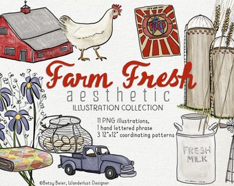 Farm Fresh Aesthetic Illustration Collection, Clip Art, Digital Download, Graphics, farm, barn, flowers, chicken, eggs, wheat, farm patterns