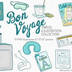 Bon Voyage Travel Illustration Collection, Clip Art, Digital Download, Graphics, Airplane, Travel Graphics