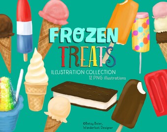 Frozen Treats Food Illustration Collection, Clip Art, Digital Download, Graphics, ice cream, ice cream cone, frozen pop, desserts, popsicles