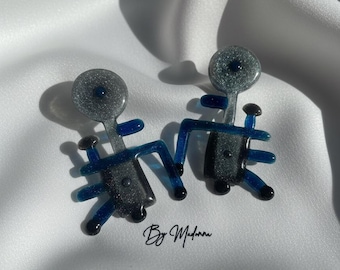 Blue Art Deco Resin Earrings - Statement Jewelry for Her"