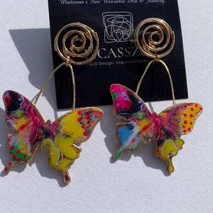 Unique Yellow Paper Butterfly Earrings - Gold Wire Lightweight Statement Jewelry