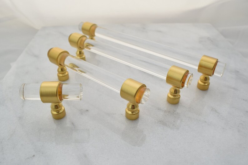 Lucite And Brushed Gold Drawer Pulls T Knob Handles Knobs Cabinet Pull