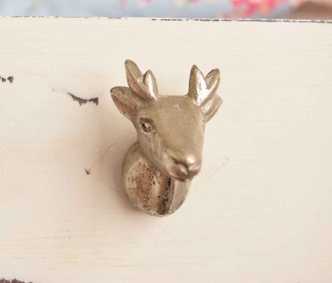 Deer Head Antlers Drawer Knobs in Silver Drawer Pull