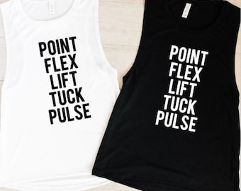 May include: Two sleeveless workout tank tops, one white and one black. Each tank top has the words "POINT FLEX LIFT TUCK PULSE" printed vertically in bold, black capital letters. The tops are made of a soft material.