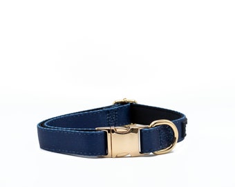 Könnte beinhalten: Ein marineblaues Hundehalsband mit einer goldenen Metallschnalle und einem D-Ring.