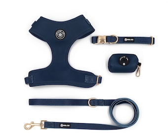 Dark Navy Blue Adjustable Dog Harness with Gold Hardware Luxury Dog Harness Midnight Luxe