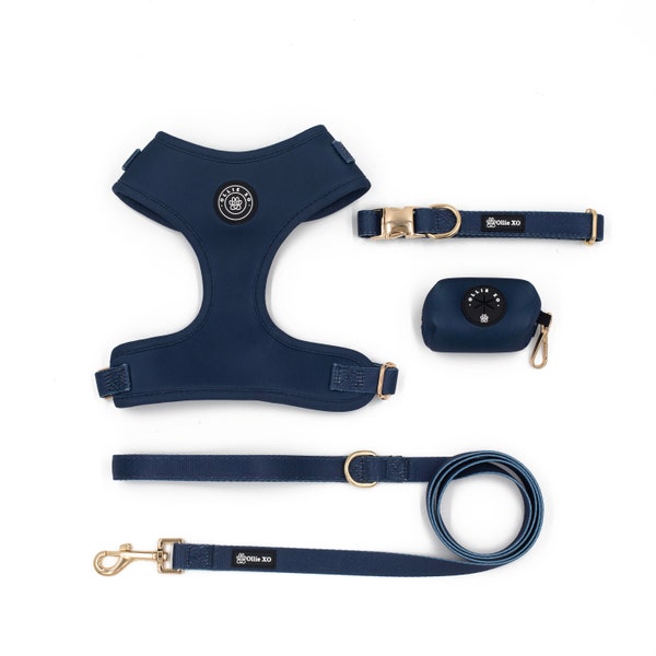 Dark Navy Blue Adjustable Dog Harness with Gold Hardware Luxury Dog Harness Midnight Luxe