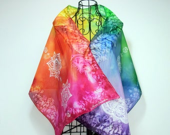 Hand painted silk scarf- Mandala- sacral geometry silk art-chakra silk scarfI  mantra scarf I yoga scarf I  rainbow mandala