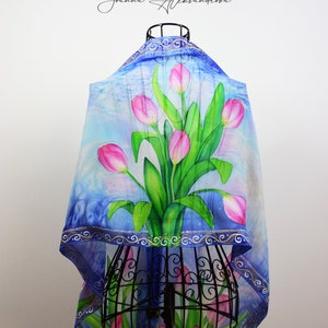 Hand painted silk scarf - Tulips with border, flower scarf, silk scarf