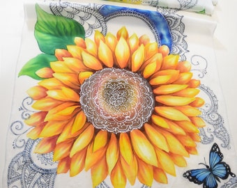 Hand painted silk scarf "Sunowers with mandala"- Sunflowers scarf-Mandala art scarf