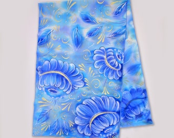 Hand painted silk scarf "Rapsody in light Blue"- Petrikov style scarf- folklore design scarf- flower scarf-russian style