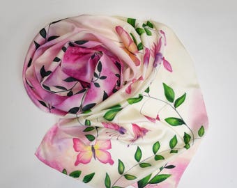 Hand painted silk scarf Fuchsia flowers and butterflies