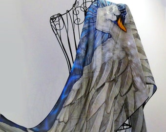 Hand painted silk scarf - The Swan Queen- swan silk scarf-bird scarves-wings scarf-swan scarf