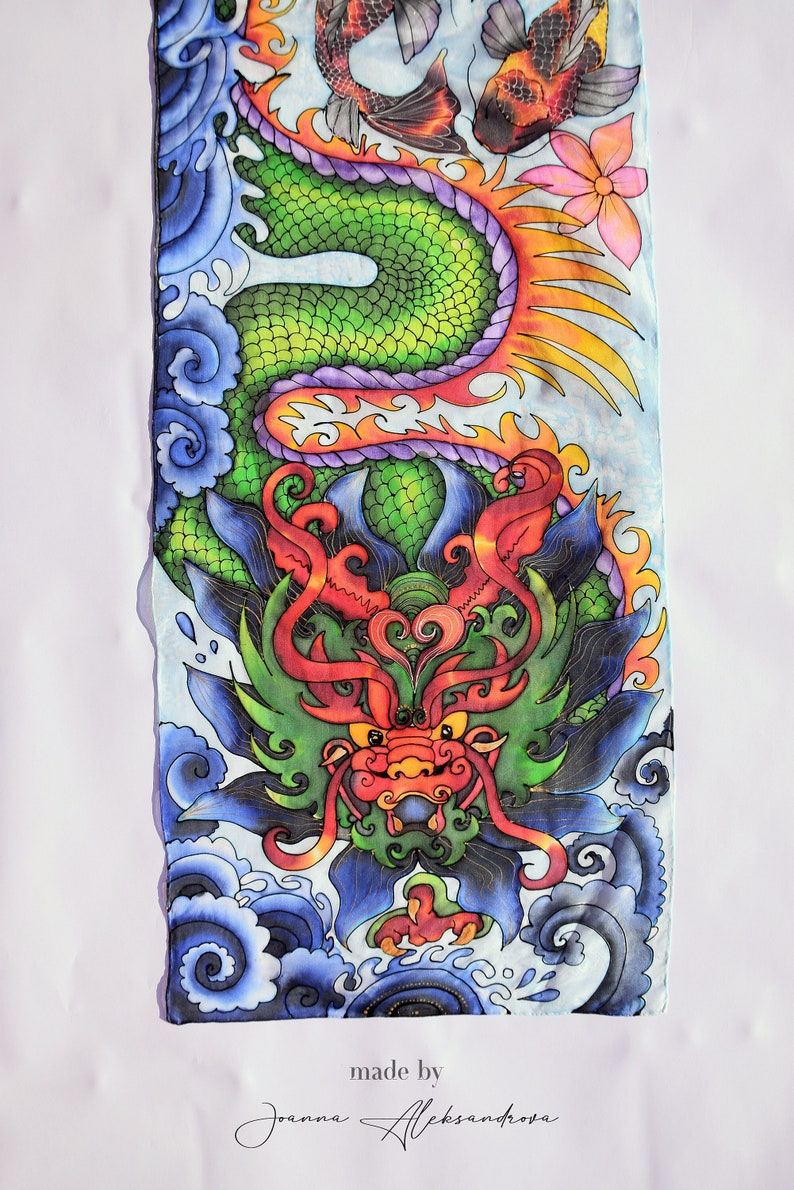 Sciarpa di seta dipinta a mano unica Drago cinese La Grande Muraglia sciarpe di drago-sciarpe astratte-sciarpa d'arte-arte cinese immagine 1