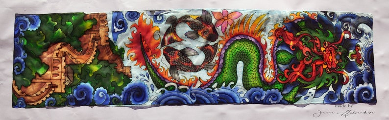 Sciarpa di seta dipinta a mano unica Drago cinese La Grande Muraglia sciarpe di drago-sciarpe astratte-sciarpa d'arte-arte cinese immagine 2