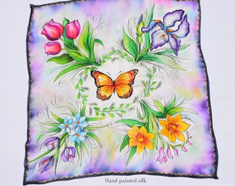 Hand painted 100%  silk scarf "Spring flower bouquet"- hand paint scarf, flower scarf, square scarf, tender silk scarf