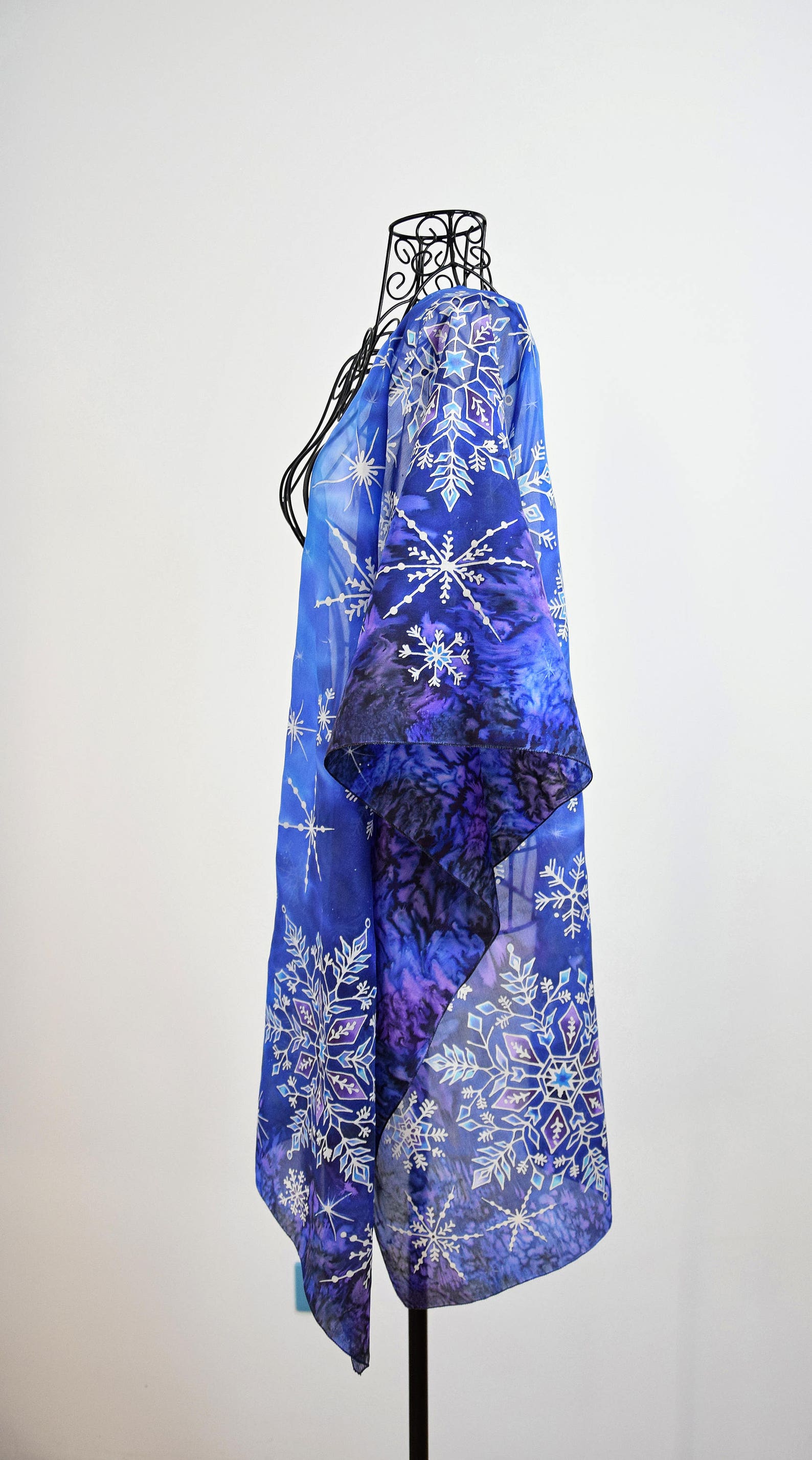 Hand Painted Silk Scarf dancing Snowflakes in the Night Sky Deep Blue