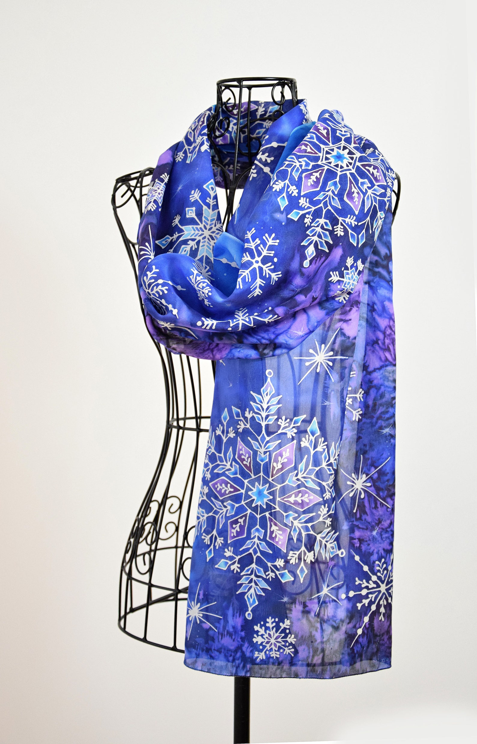 Hand Painted Silk Scarf dancing Snowflakes in the Night Sky Deep Blue