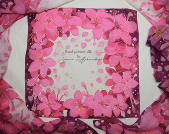 Hand painted 100 % silk scarf : Cherry Blossoms