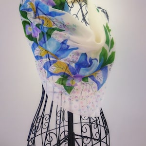 Original Hand Painted Pure Silk Scarf- Irises and Pansies-  Wearable art-flower scarf-small silk scarf-square scarf-wild flowers scarf-iris