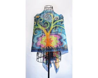 Hand painted silk scarf " Magic Town" fairytale art , silk scarf, hand painted , long scarf, art scarf