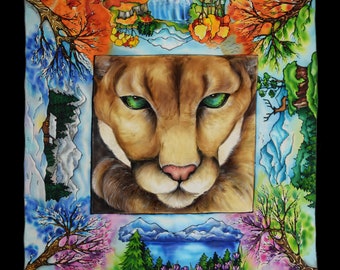 Hand Painted Silk with Mountain lion - square scarf