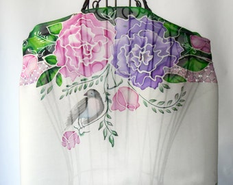 Hand painted silk scarf Lace peonies -flower scarf