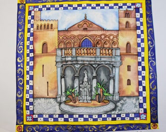 Seta dipinta a mano con il Duomo di Monreale - sciarpa architettonica - sciarpa paesaggio urbano - sciarpa quadrata