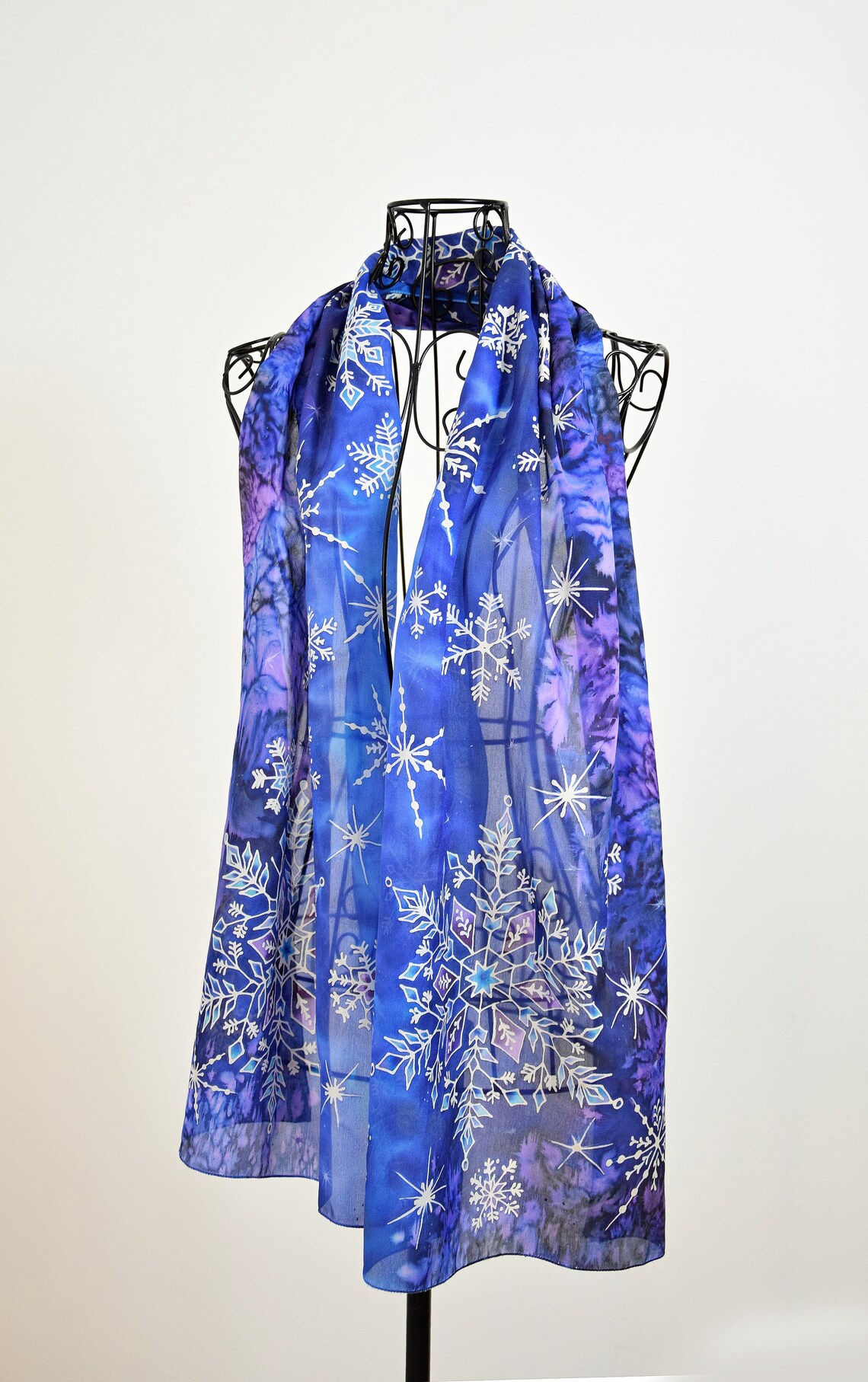 Hand Painted Silk Scarf dancing Snowflakes in the Night Sky Deep Blue