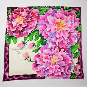 Peonies with burgundy art frame | HAND PAINTED  100% SILK | ponge 5 silk|  scarf from natural silk | Wearable art | square scarf