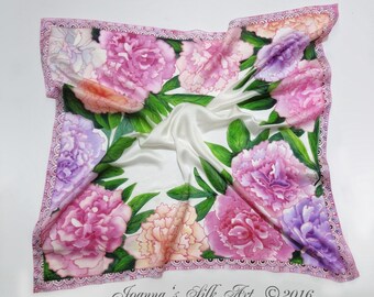 Hand painted 100 % silk scarf : Peonies