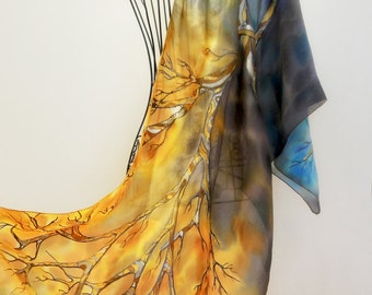 Elegant hand painted silk scarf -  At The Edge Of Winter - trees scarves- autumn scarf- winter scarf-seasonal-fall