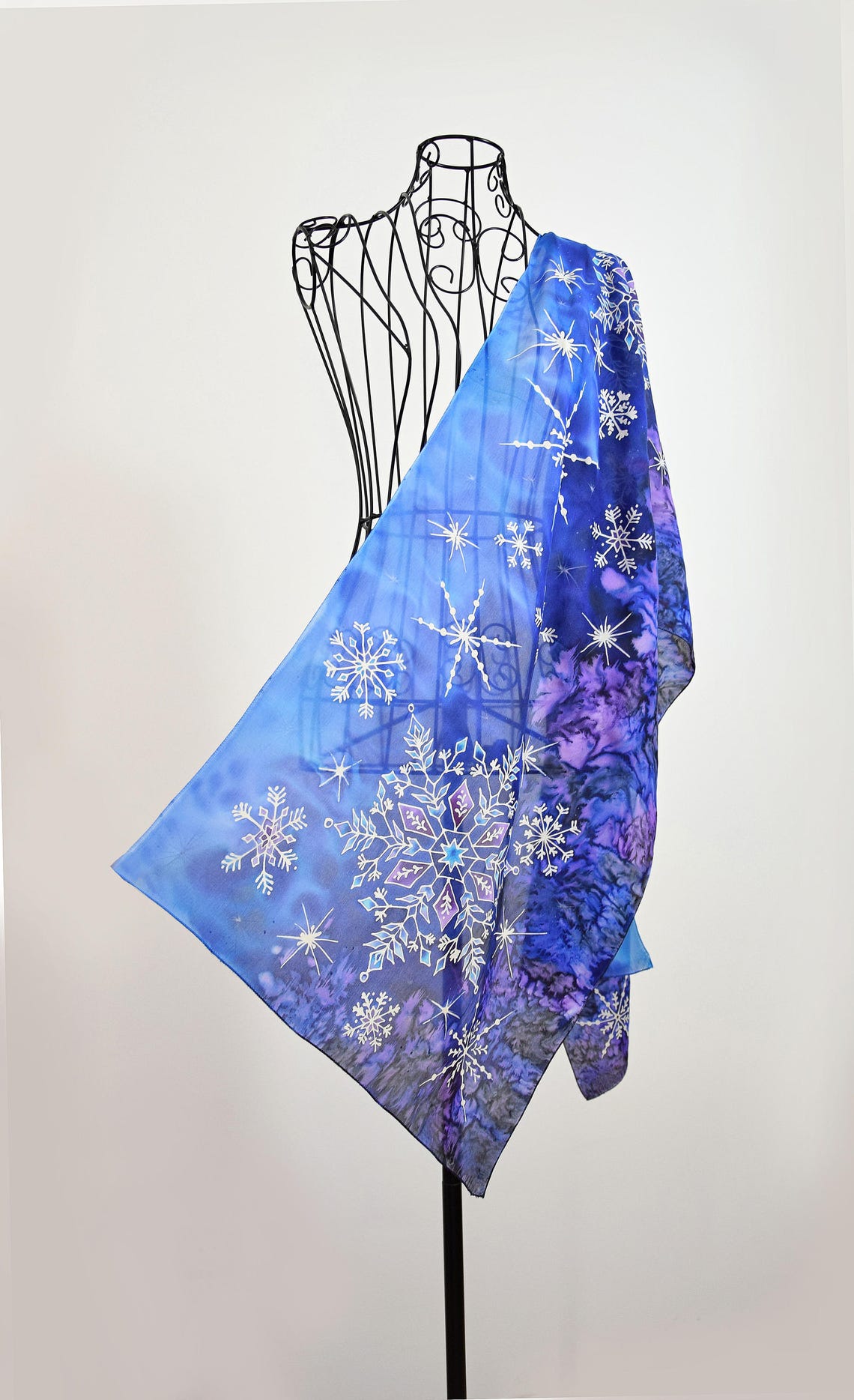 Hand Painted Silk Scarf dancing Snowflakes in the Night Sky Deep Blue