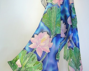 Hand painted 100 % silk scarf : Water Lilies