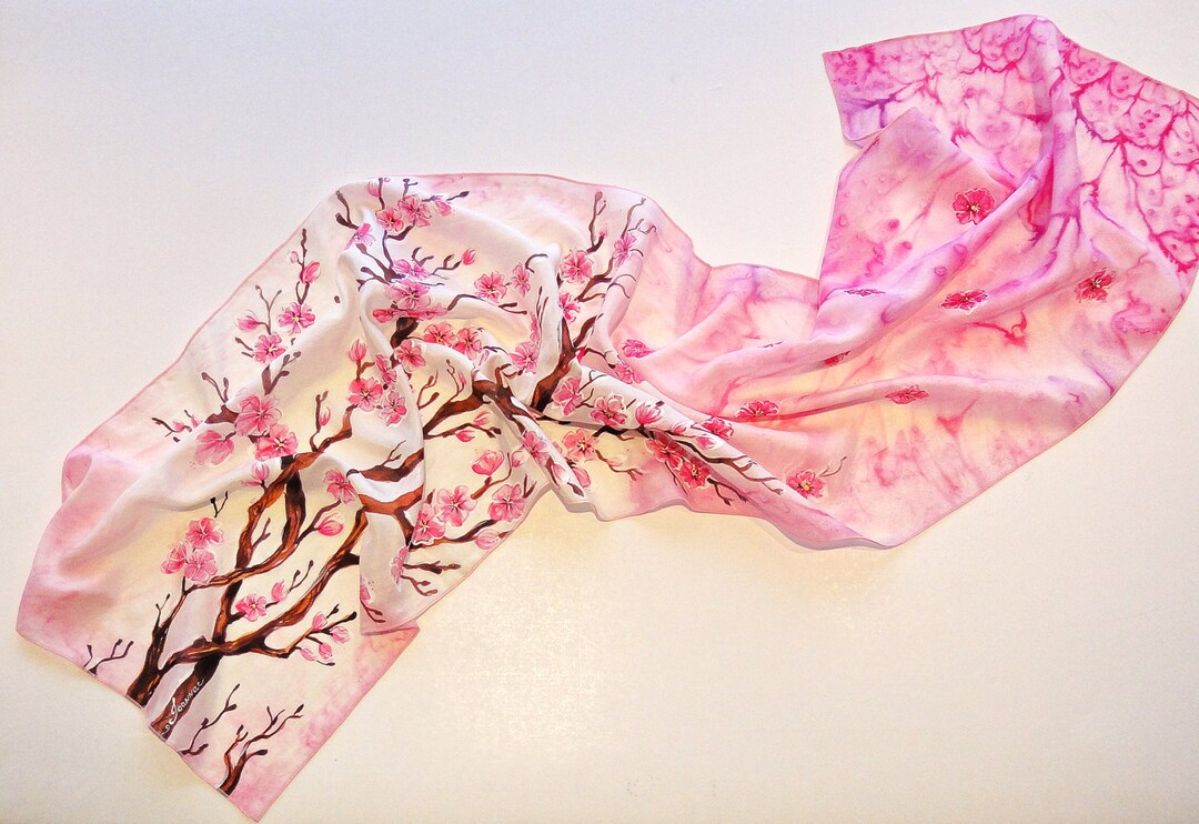 Hand Painted Silk Scarf: Sakura Cherry Blossom Design - Etsy