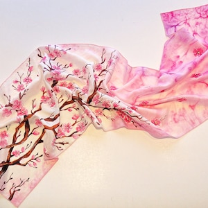 Hand painted silk scarf - &quot;Sakura&quot;- flower scarf-cherry tree scarf-pink scarf-Cherry blossoms-spring scarf