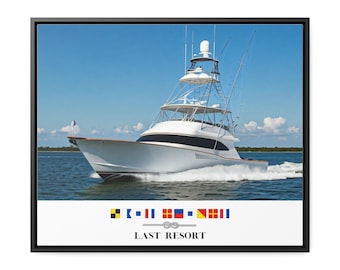 May include: A white yacht with a black stripe and a black roof, moving through the water. The yacht has a flag on the back and a radar on the top. The yacht is labelled "LAST RESORT" with a nautical knot symbol and a row of colourful nautical flags.