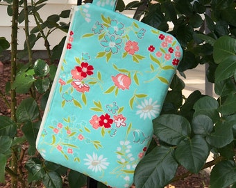 Aqua Floral large wristlet, Shipping included in price