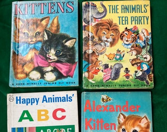 Happy Animals ABC, Kittens, The Animals Tea Party, Alexander Kitten Hardcover Childrens Books - Rand McNally Junior Elf Books