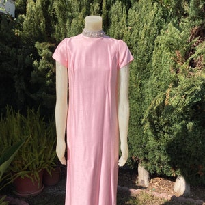 Vintage 1960s Pink Linen Gown - Silver Brocade intertwined with Rhinestones, Faux Pearls