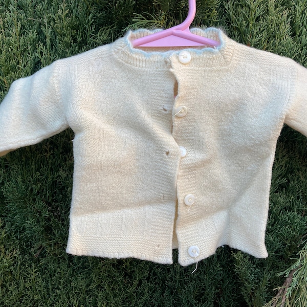 Vintage Wool Knit Baby Cardigan with Blue Trim Collar - Perfect for Baby Doll