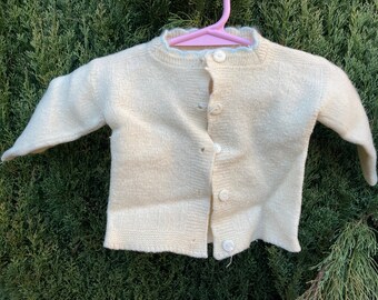 Vintage Wool Knit Baby Cardigan with Blue Trim Collar - Perfect for Baby Doll