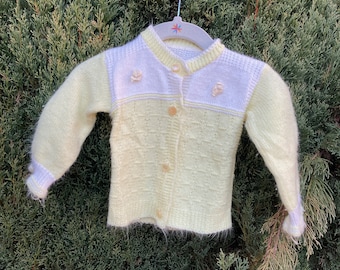 Vintage Girls Knitted Yellow and White Cardigan with Buttons and Flowers