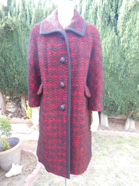 Vintage 1960s Red Wool with Black Lambswool Coat - image 1
