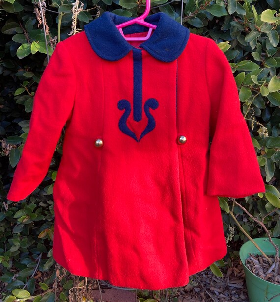 Vintage Childs Red Wool Coat With Blue Collar Tailored by
