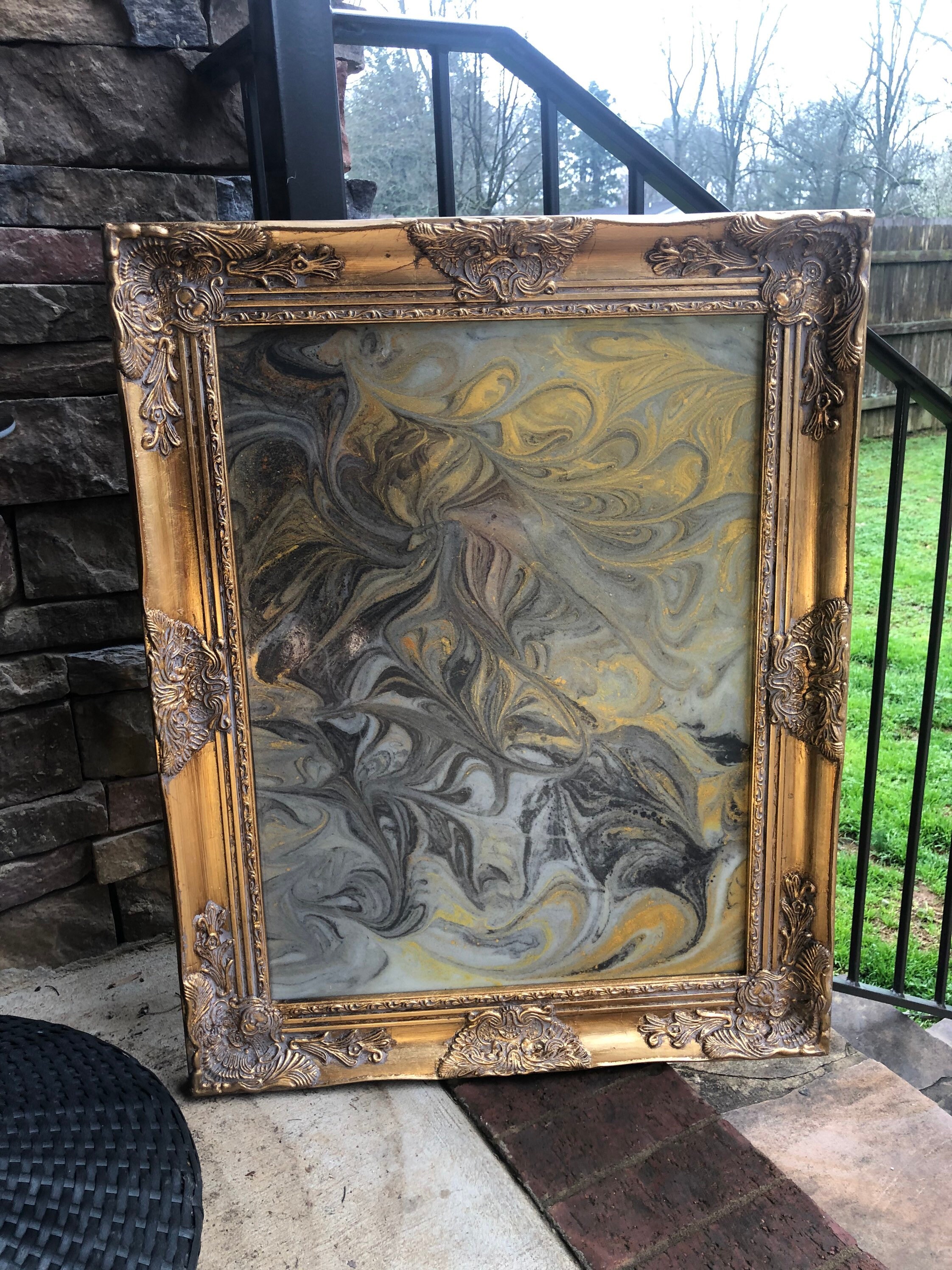 Epoxy Resin Picture With Frame Grey Black Gold Etsy