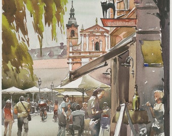 Watercolor painting. Giclée print of a Old Cat caffe in Ljubljana